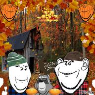 animal Cornucopia doe file:gif gif house irl leaves orange pie pumpkin racoon sky squirrel trees variant:feralsquirrel variant:gapejak variant:impish_soyak_ears // 500x500 // 707KB